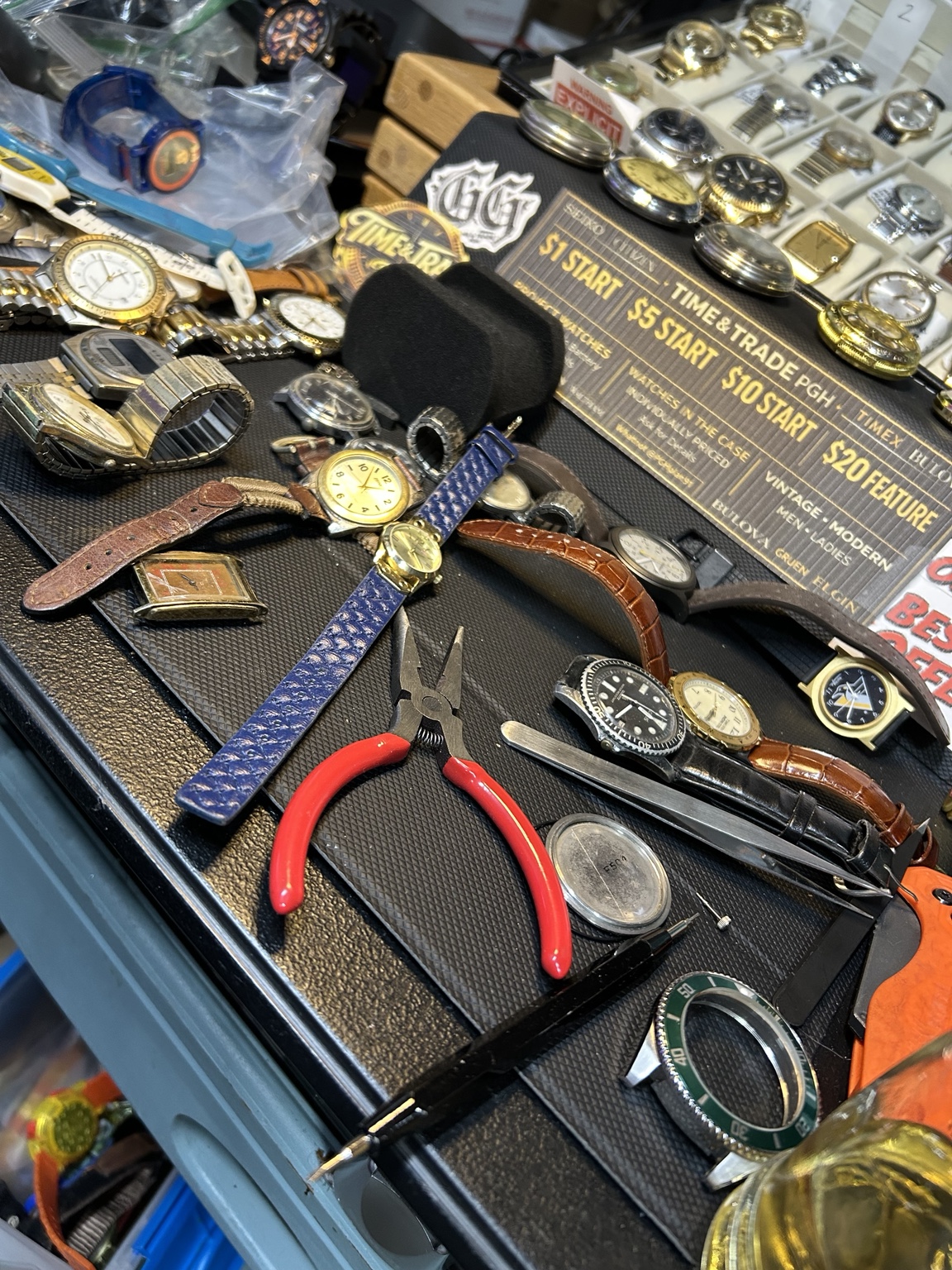 Workbench with watches and tools